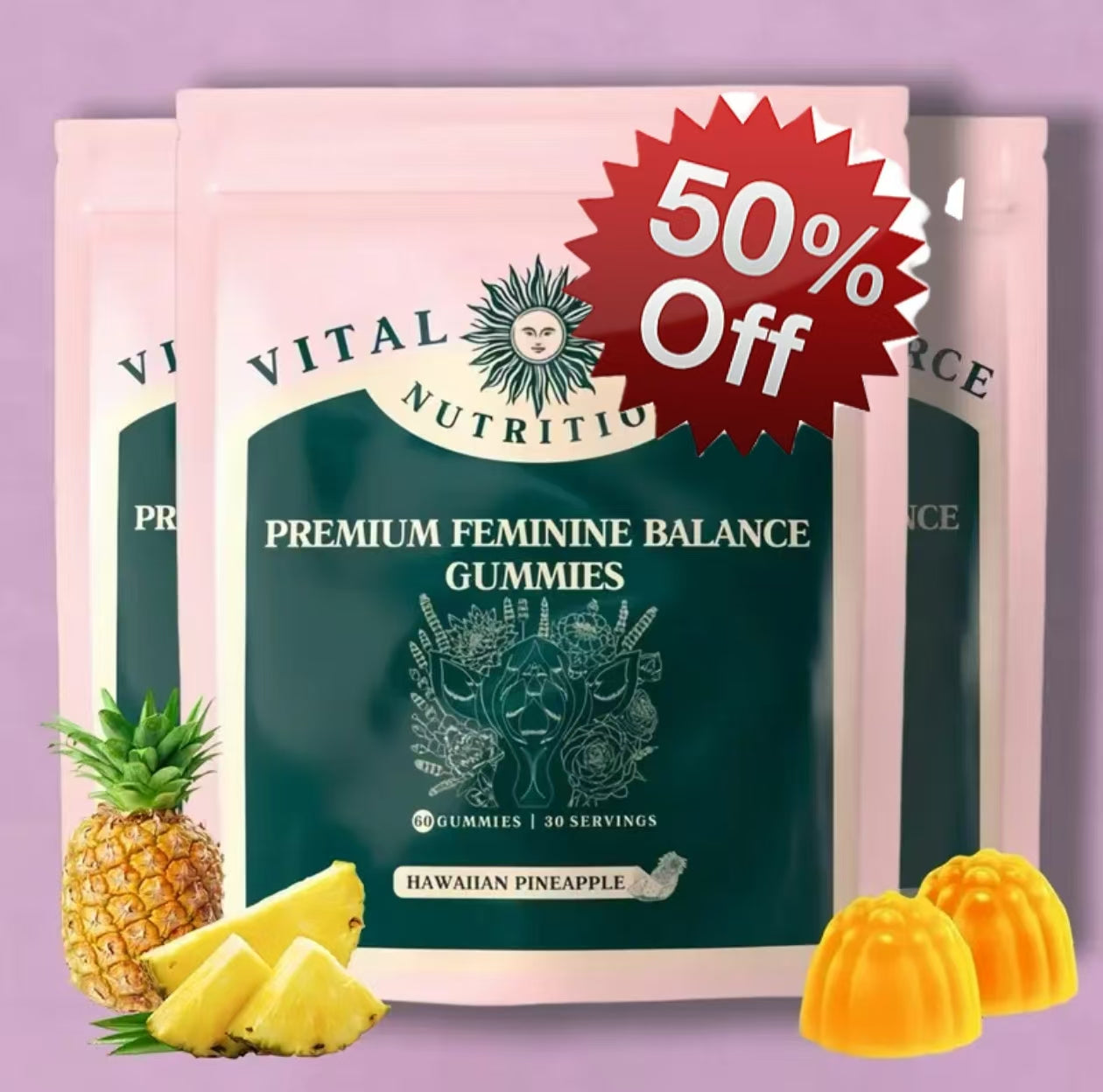 Vital Source Nutrition - Premium Feminine Balance Gummies - for Women's Health &amp; Wellness - Immune Support - Vegan, Gluten-Free &amp; Halal - Hawaiian Pineapple - 60 Gummies - 30 Servings 