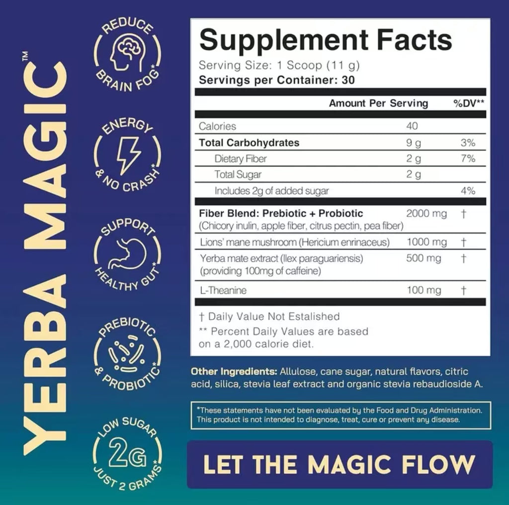 Yerba Mate Instant Tea Powder, 3-in-1 Super Drink - Clean Energy, Brain Fog Buster, and Gut Health Powered by Nootropics, Prebiotics and Probiotics | Yerba Magic Peach Mango 30 Servings