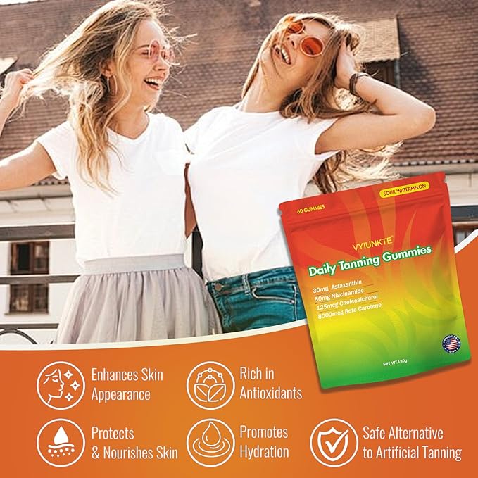 Daily Tanning Gummies for Adults Woman & Mens - 60 Sour Watermelon Flavor Gummies with Astaxanthin, Lycopene, and Beta Carotene for Support Skin Health