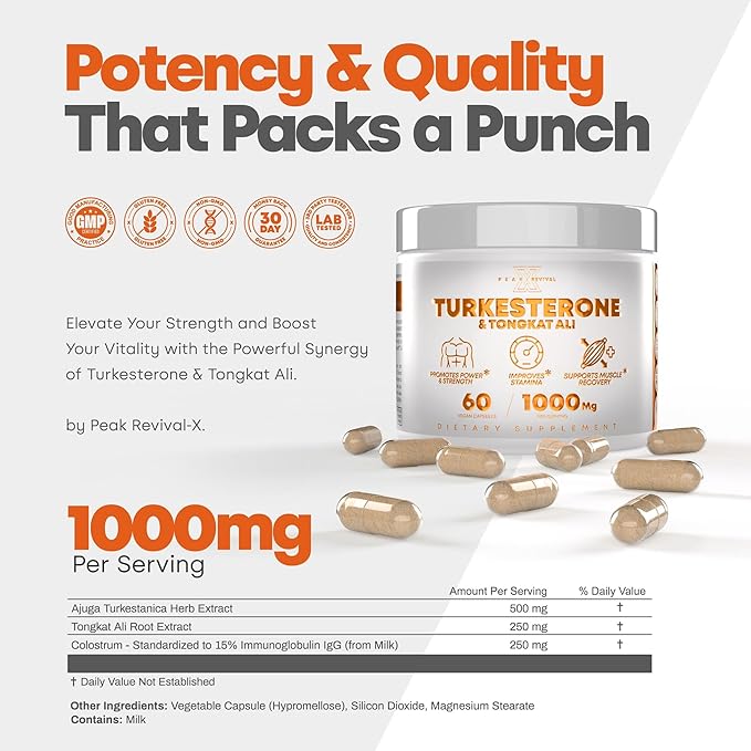 Peak Revival X Turkesterone 1000 Mg Capsules Supplement Natural Fitness Health/Muscle Growth/Energy And Strength/Endurance Recovery