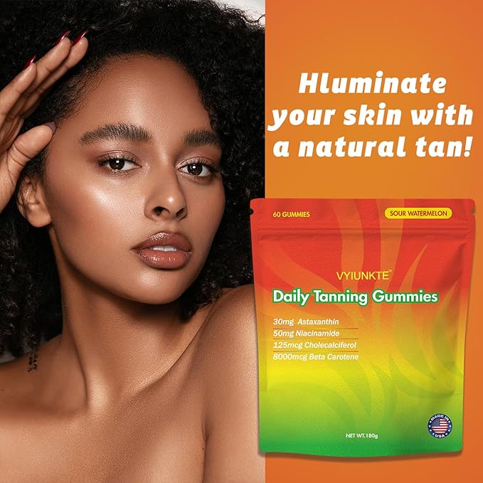 Daily Tanning Gummies for Adults Woman & Mens - 60 Sour Watermelon Flavor Gummies with Astaxanthin, Lycopene, and Beta Carotene for Support Skin Health