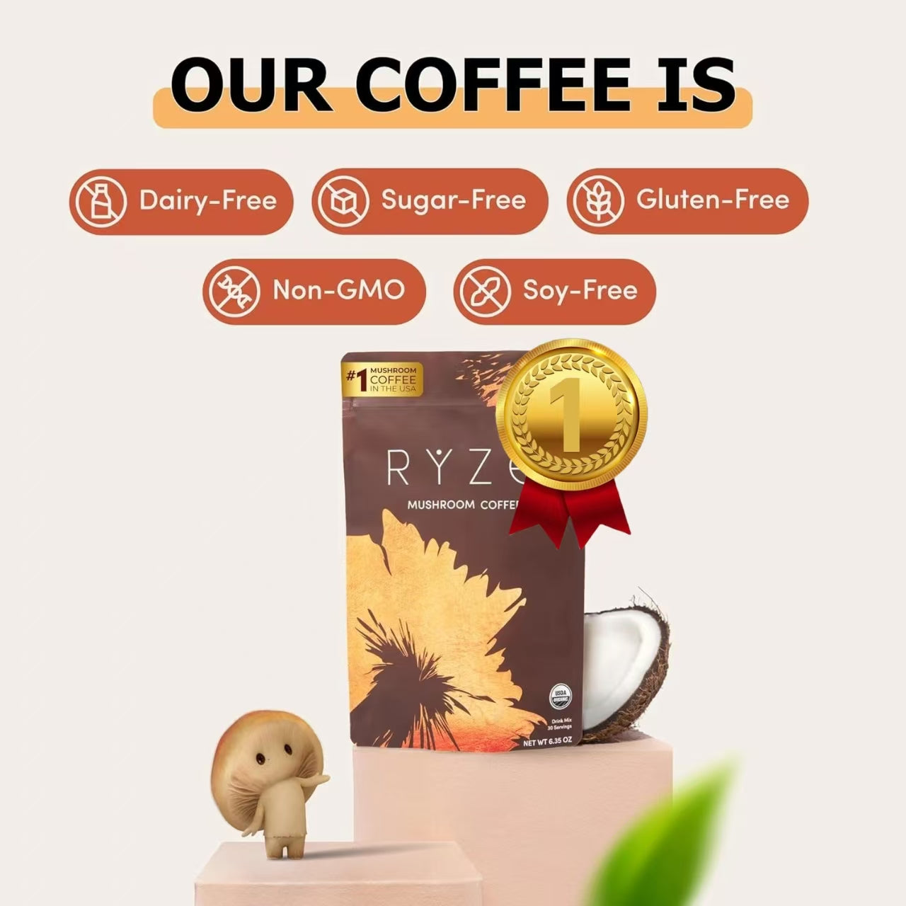 RYZE SUPERFOODS Mushroom Coffee Dark Roast, 6 Adaptogenic Mushrooms & Prebiotic Blend, Instant Coffee Supports Energy, Focus, Digestion & Immunity, Lions Mane & Turkey Tail, 30 Servings.