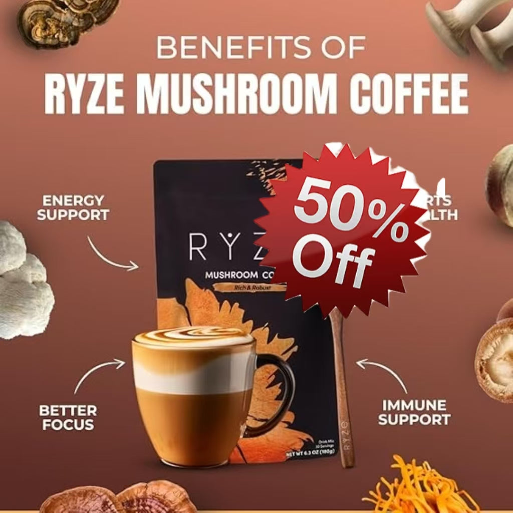 RYZE SUPERFOODS Mushroom Coffee Dark Roast, 6 Adaptogenic Mushrooms & Prebiotic Blend, Instant Coffee Supports Energy, Focus, Digestion & Immunity, Lions Mane & Turkey Tail, 30 Servings.