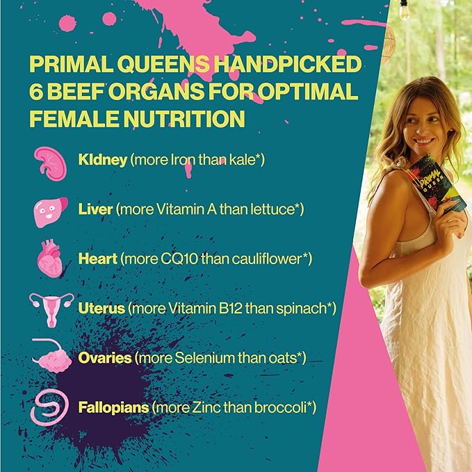 Primal Queen Beef Organ Superfood - 30 Day Refill, Female-Optimized Beef Organ Superfood Supplement (Beef Liver, Kidney, Heart, &amp; 3 More) - 100% Grass Fed, Pasture Raised Cattle - Balance Hormones, Energy, &amp; More for Women 