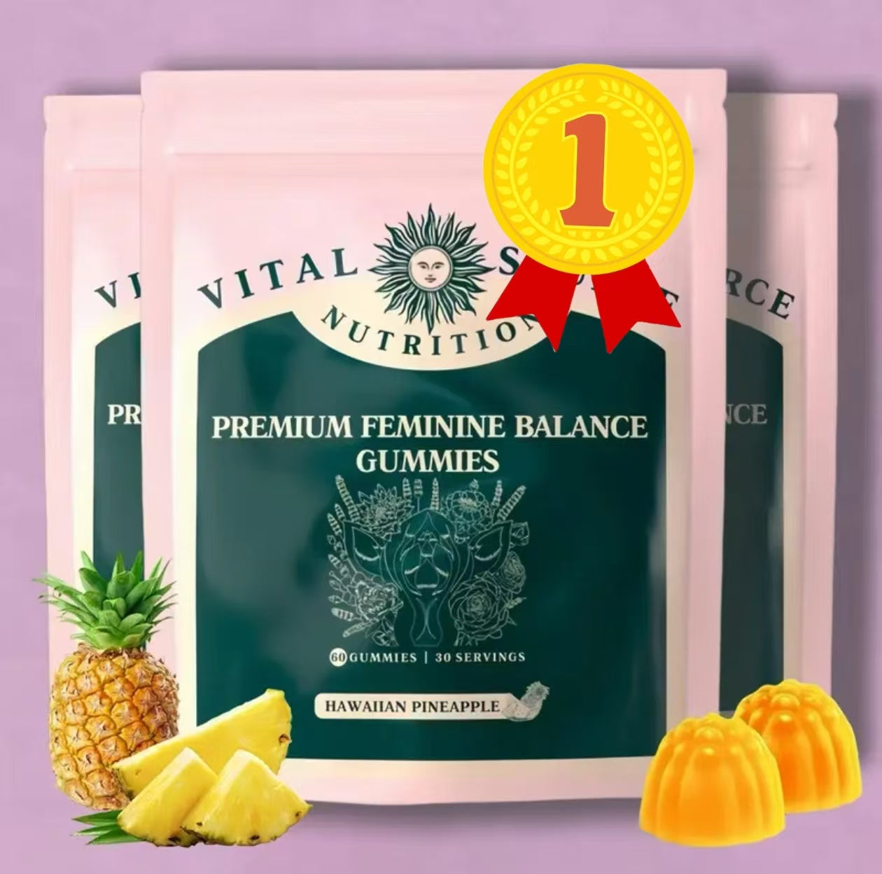 Vital Source Nutrition - Premium Feminine Balance Gummies - for Women's Health &amp; Wellness - Immune Support - Vegan, Gluten-Free &amp; Halal - Hawaiian Pineapple - 60 Gummies - 30 Servings 