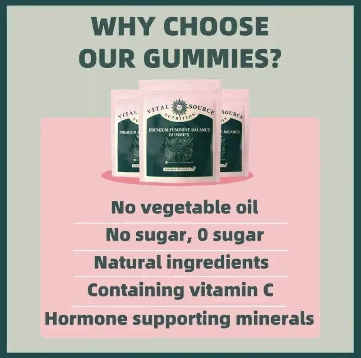 Vital Source Nutrition - Premium Feminine Balance Gummies - for Women's Health &amp; Wellness - Immune Support - Vegan, Gluten-Free &amp; Halal - Hawaiian Pineapple - 60 Gummies - 30 Servings 