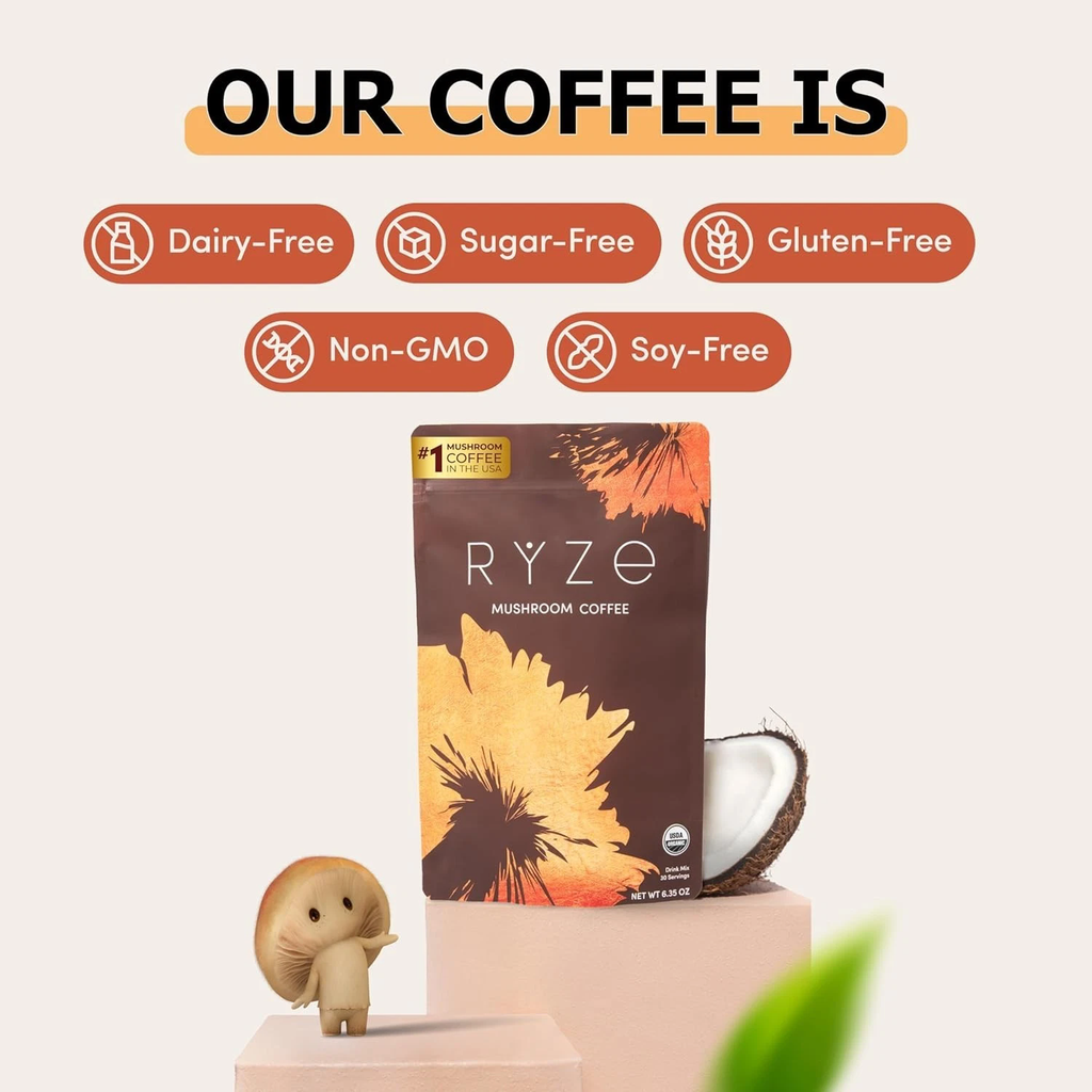 RYZE SUPERFOODS Mushroom Coffee Dark Roast, 6 Adaptogenic Mushrooms & Prebiotic Blend, Instant Coffee Supports Energy, Focus, Digestion & Immunity, Lions Mane & Turkey Tail, 30 Servings.